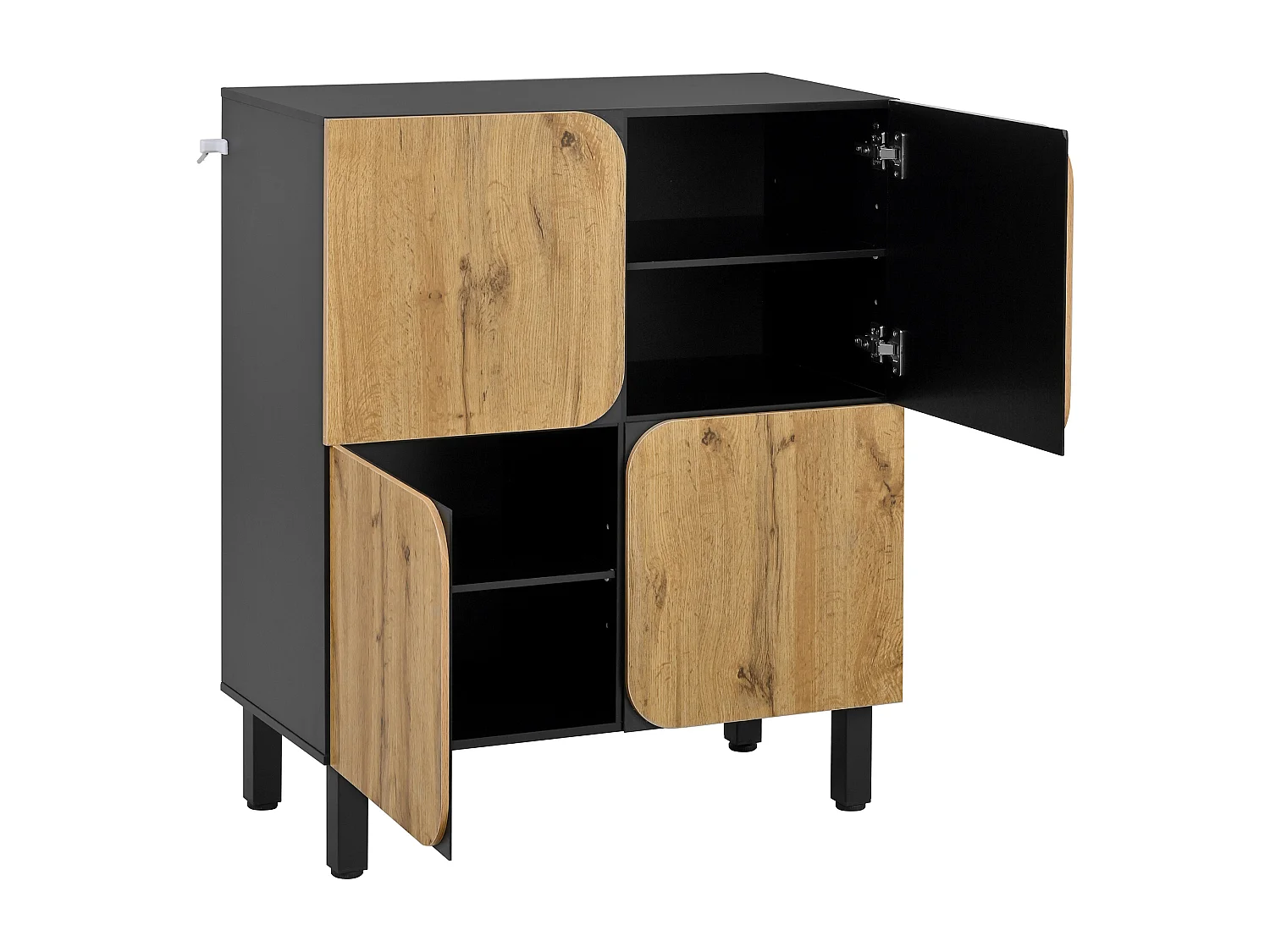 Schuhschrank 80x38,5x95 cm - mit 4 Türen - Höhenverstellbare Regale - Füße aus schwarzem Eisen - Natur und schwarz