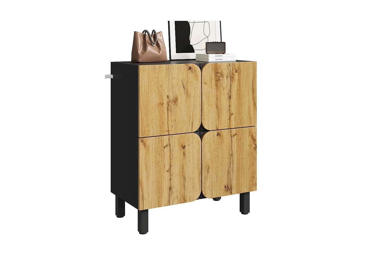 Mobile per scarpe 80x38,5x95 cm - con 4 ante - Ripiani regolabili - Gambe in ferro nero - Naturale e nero