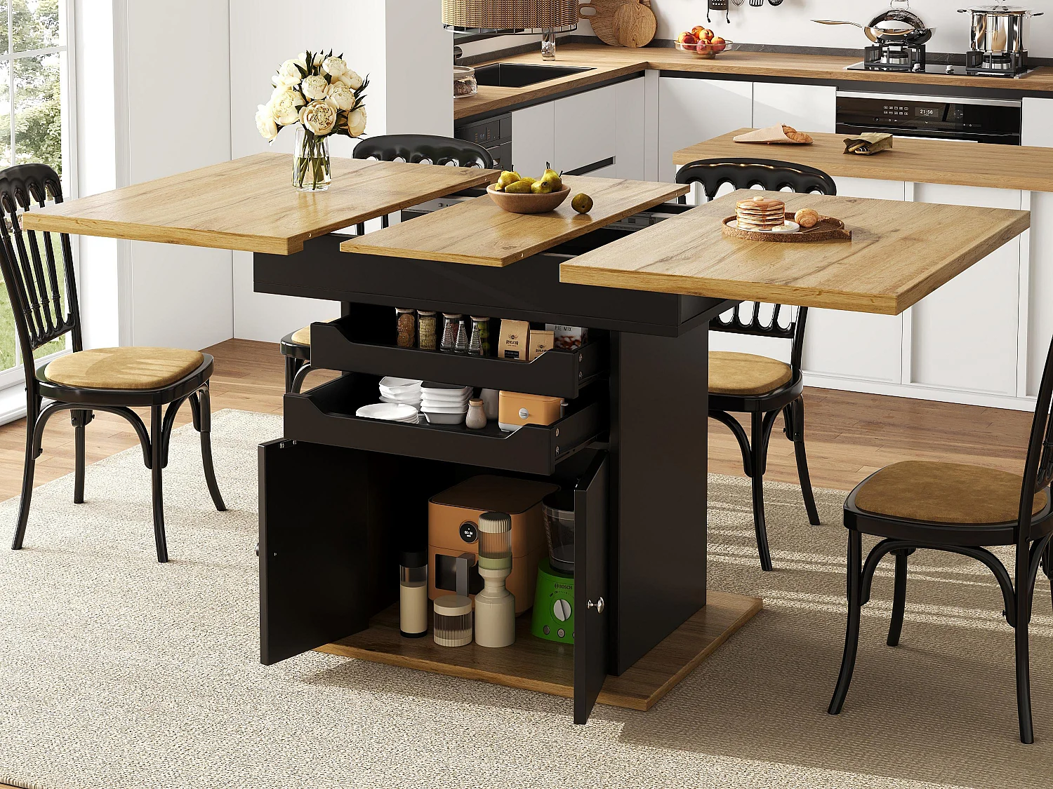Table à manger extensible (110-140 x 80 cm) - pour 4 à 6 personnes - avec - 2 portes + 2 tiroirs - MDF + métal - Noir