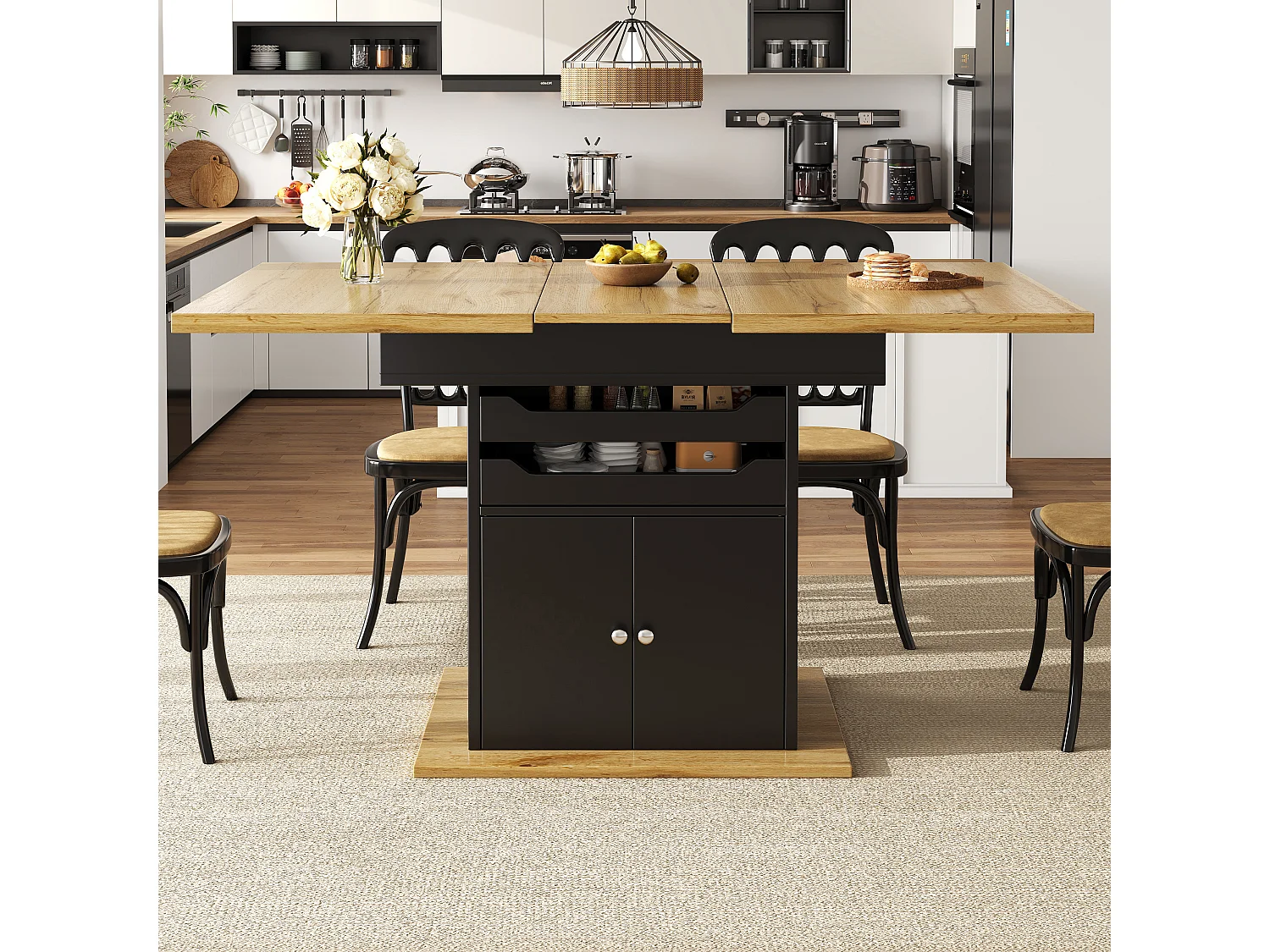 Table à manger extensible (110-140 x 80 cm) - pour 4 à 6 personnes - avec - 2 portes + 2 tiroirs - MDF + métal - Noir