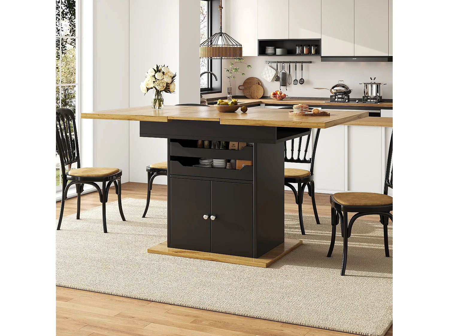 Table à manger extensible (110-140 x 80 cm) - pour 4 à 6 personnes - avec - 2 portes + 2 tiroirs - MDF + métal - Noir