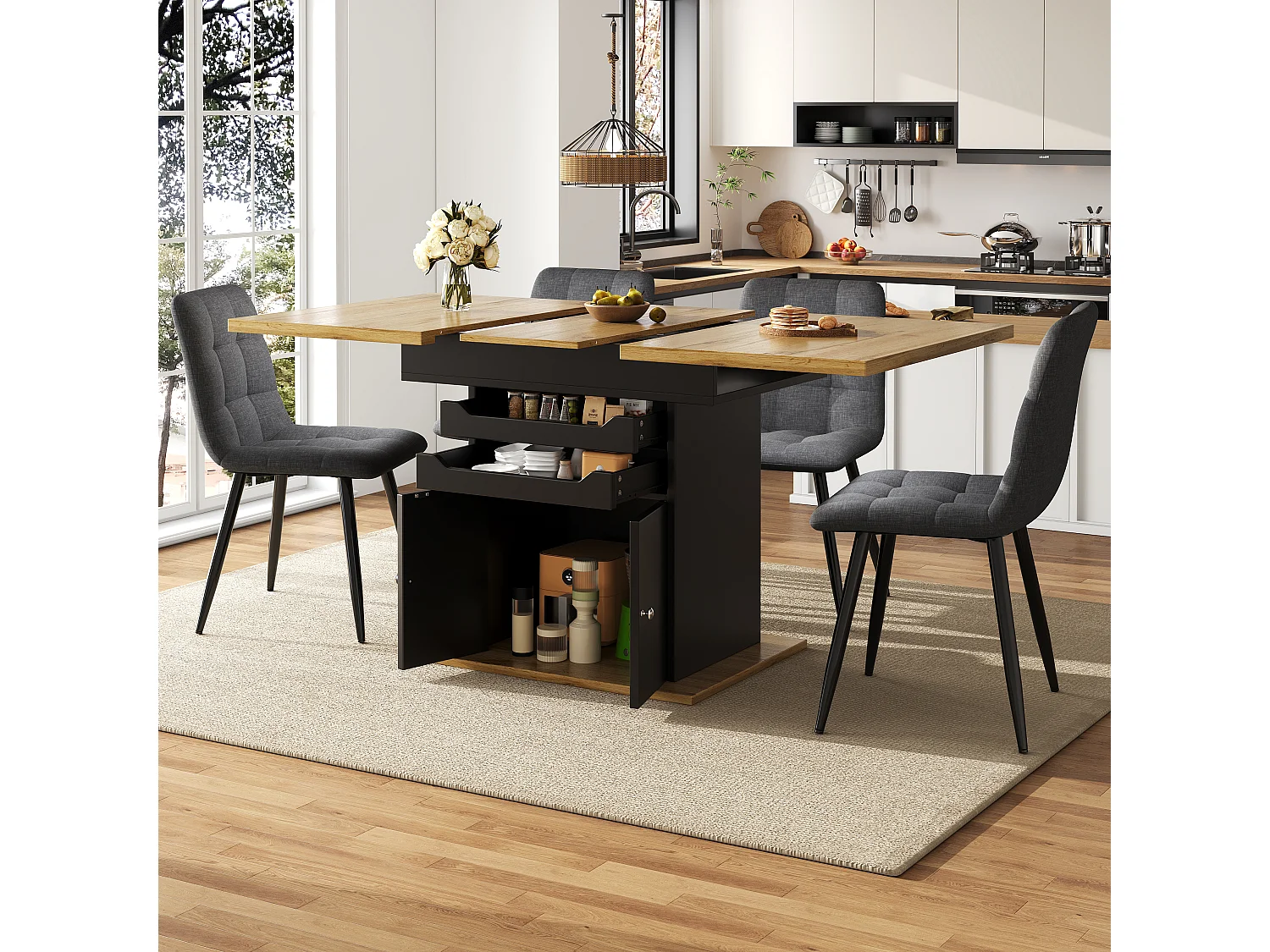 Table à manger extensible (110-140 x 80 cm) - pour 4 à 6 personnes - avec - 2 portes + 2 tiroirs - MDF + métal - Noir