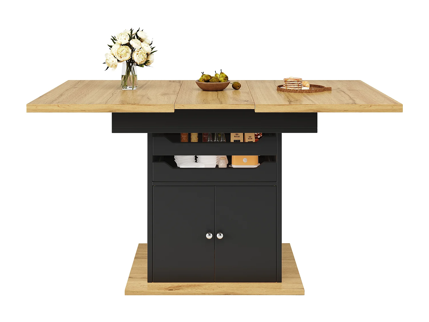 Table à manger extensible (110-140 x 80 cm) - pour 4 à 6 personnes - avec - 2 portes + 2 tiroirs - MDF + métal - Noir