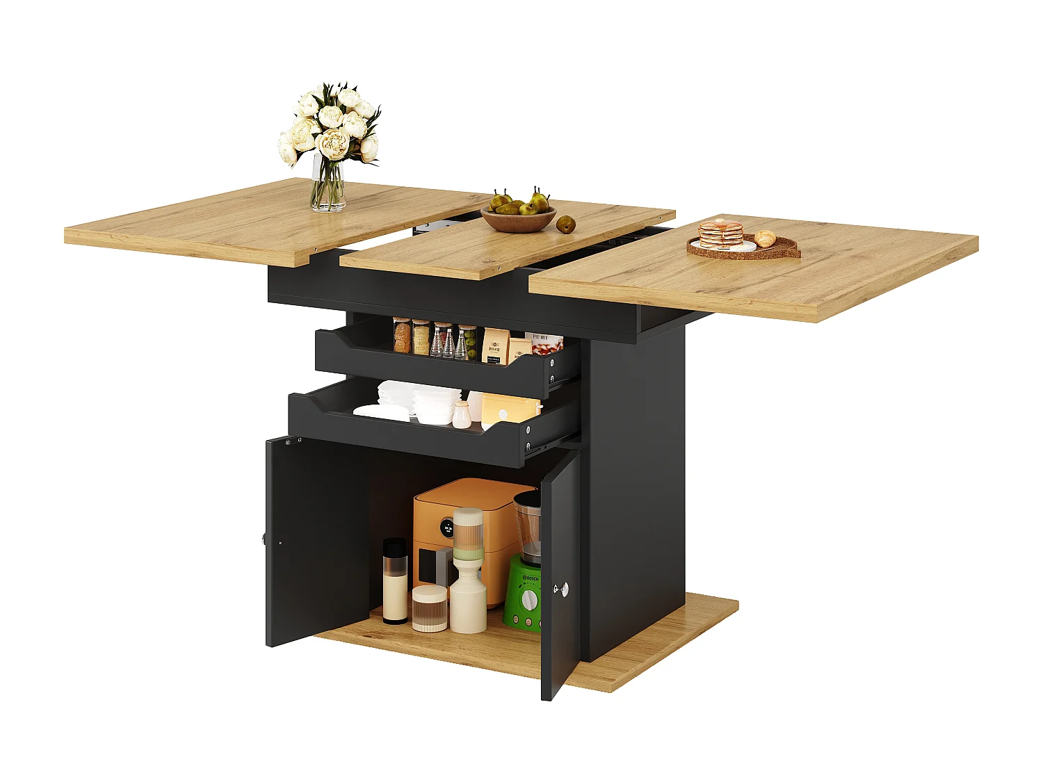 Table à manger extensible (110-140 x 80 cm) - pour 4 à 6 personnes - avec - 2 portes + 2 tiroirs - MDF + métal - Noir