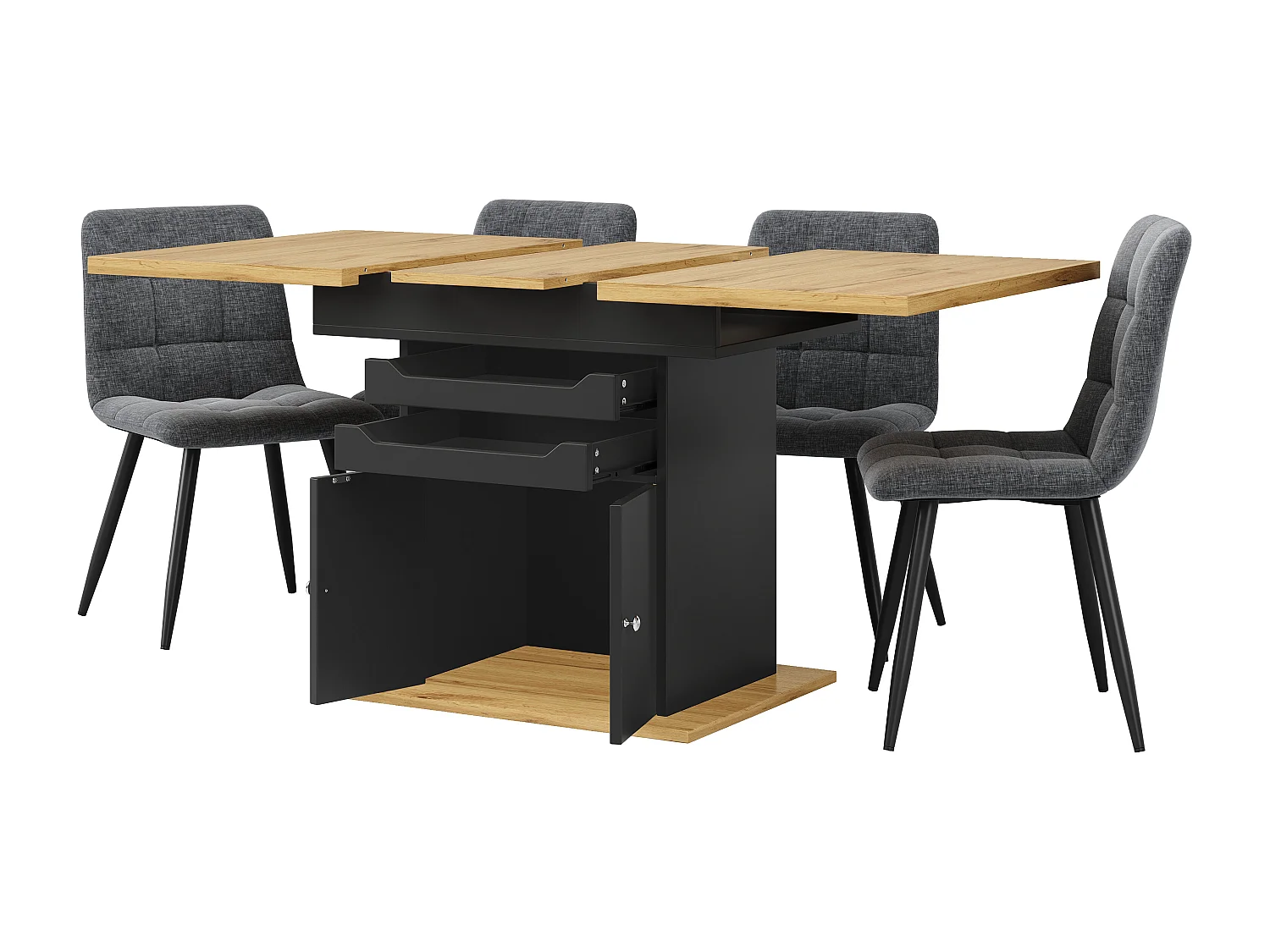 Table à manger extensible (110-140 x 80 cm) - pour 4 à 6 personnes - avec - 2 portes + 2 tiroirs - MDF + métal - Noir