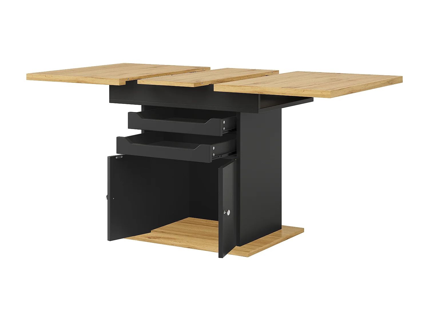 Table à manger extensible (110-140 x 80 cm) - pour 4 à 6 personnes - avec - 2 portes + 2 tiroirs - MDF + métal - Noir