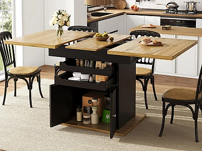 Table à manger extensible (110-140 x 80 cm) - pour 4 à 6 personnes - avec - 2 portes + 2 tiroirs - MDF + métal - Noir