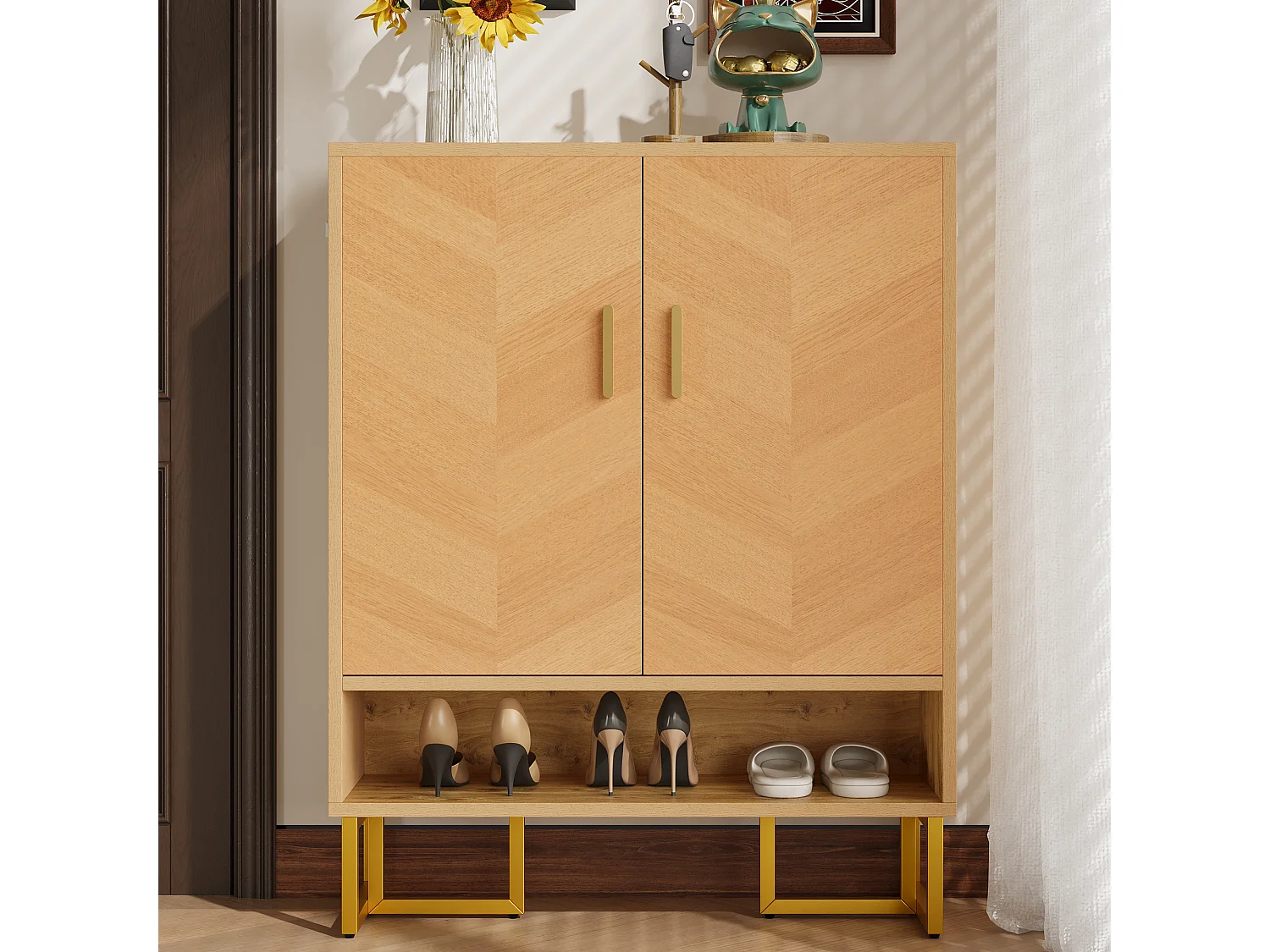 Moderner Schuhschrank 80x38x100 cm - mit 2 Türen - Holzoptik - Gestell aus vergoldetem Eisen - MDF - Natur