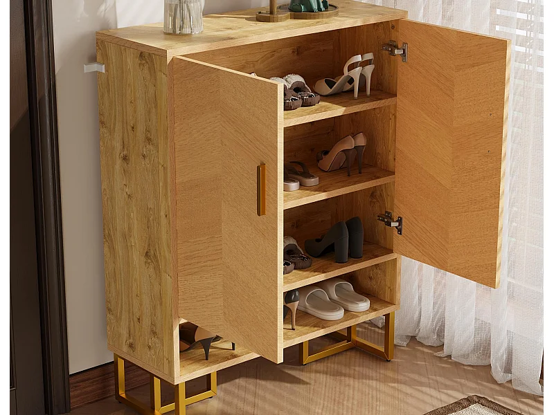 Moderner Schuhschrank 80x38x100 cm - mit 2 Türen - Holzoptik - Gestell aus vergoldetem Eisen - MDF - Natur