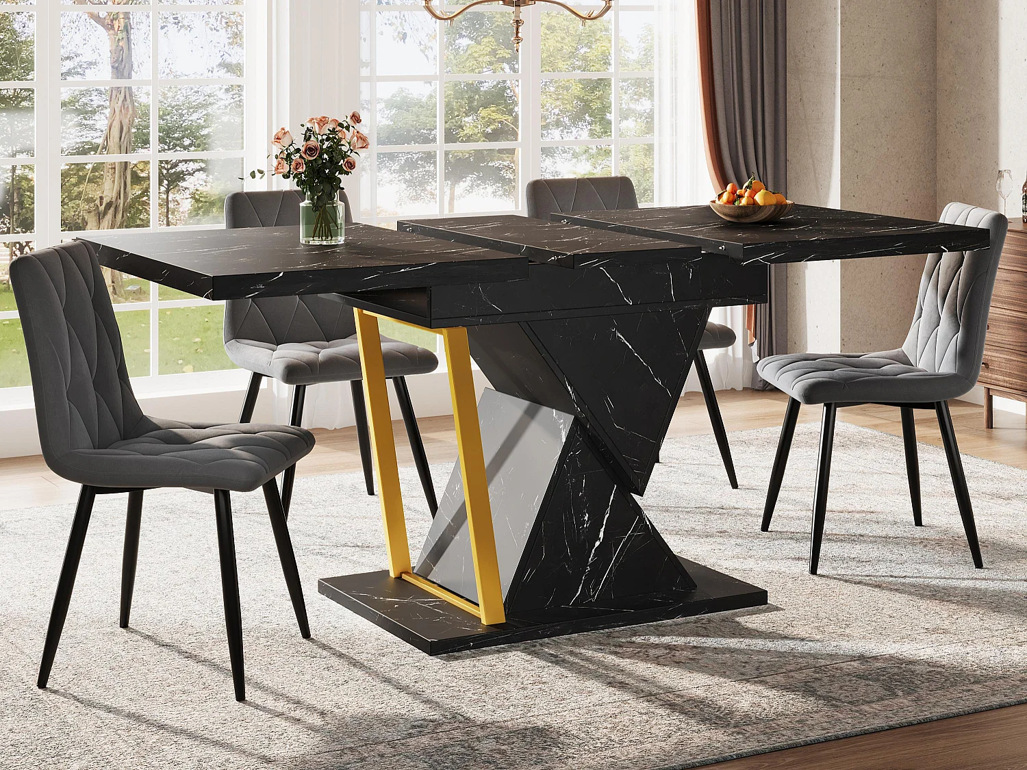 Table à manger extensible 110/140x80x76 cm - Pour 6 personnes - MDF + métal - Motif marbre - Noir