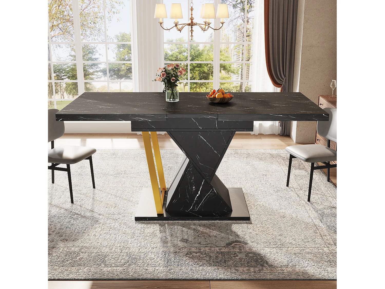 Table à manger extensible 110/140x80x76 cm - Pour 6 personnes - MDF + métal - Motif marbre - Noir