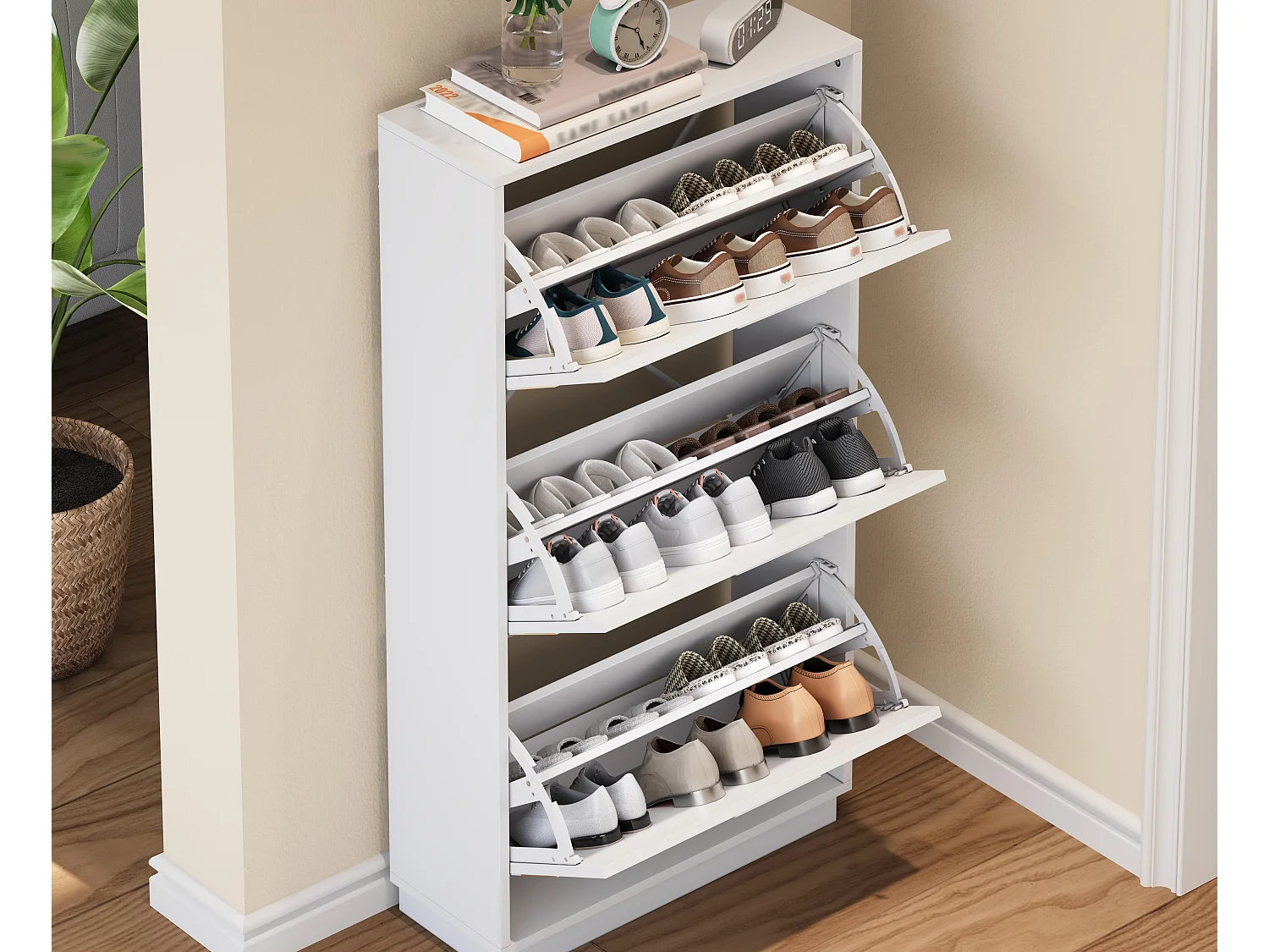 Moderner Schuhschrank - drei Türen - runder Spiegel - großer Stauraum - MDF - weiß