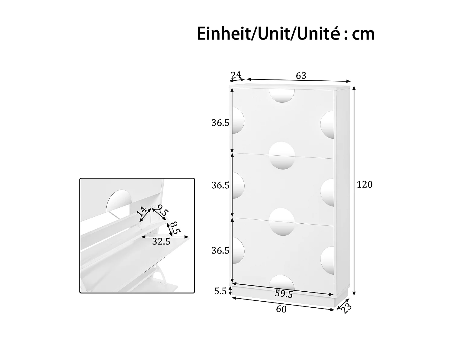 Moderner Schuhschrank - drei Türen - runder Spiegel - großer Stauraum - MDF - weiß