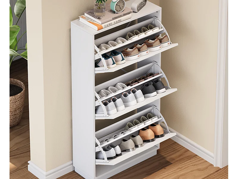 Moderner Schuhschrank - drei Türen - runder Spiegel - großer Stauraum - MDF - weiß