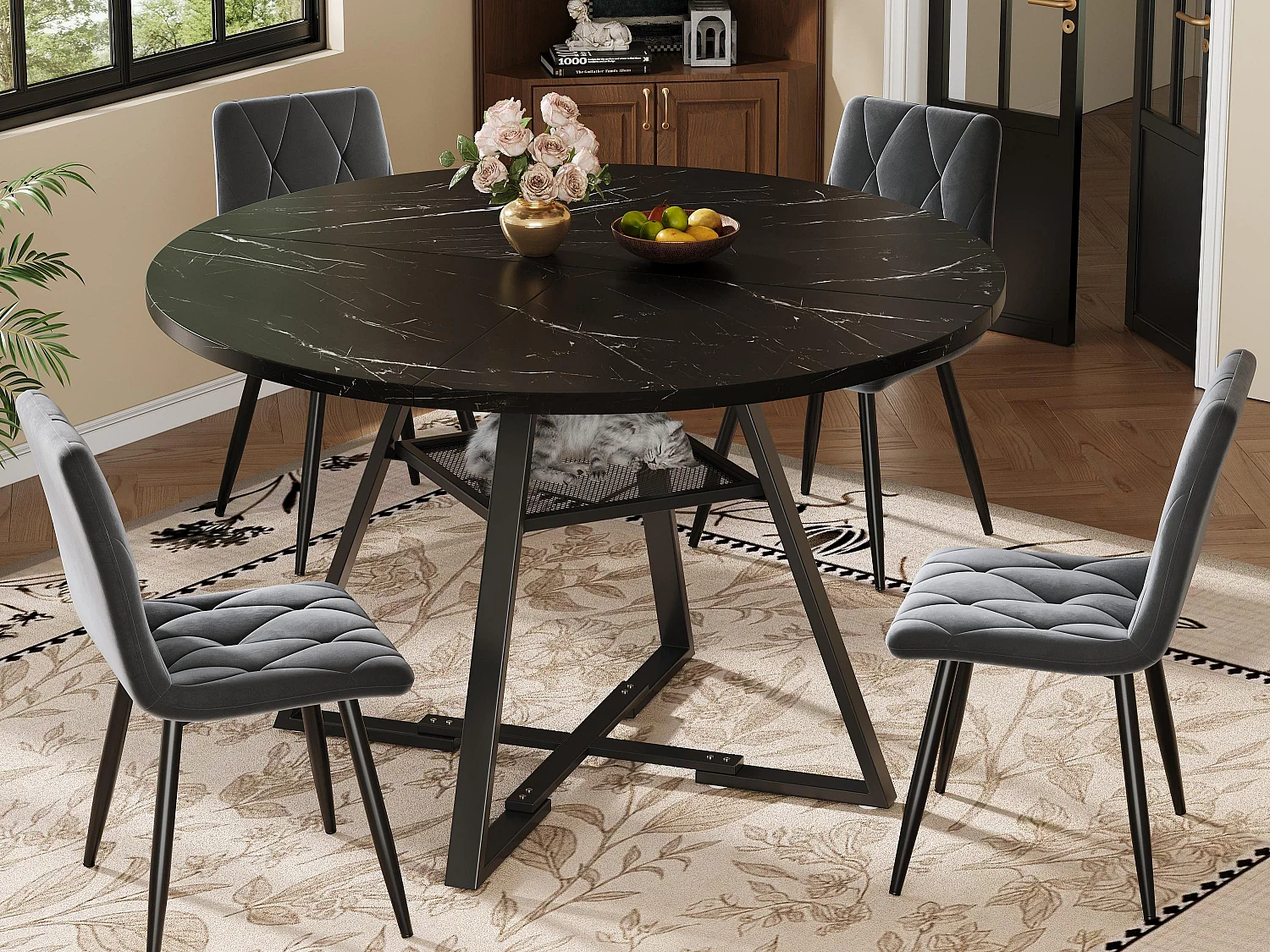 Table à manger ronde pour 4 personnes - 120x120x75cm - avec plateau en bois et pieds en métal - Motif marbre - Noir
