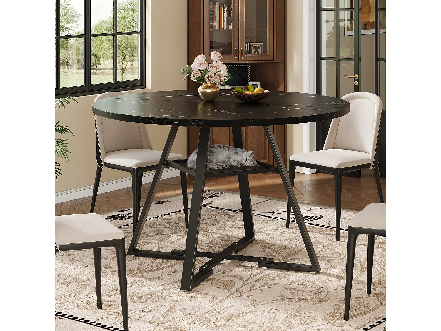 Table à manger ronde pour 4 personnes - 120x120x75cm - avec plateau en bois et pieds en métal - Motif marbre - Noir