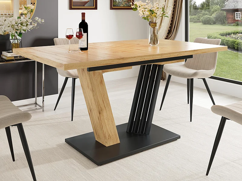 Table à manger extensible 120/160x80x76 cm - Pour 6 personnes - aspect grain de bois - MDF + métal - Naturel