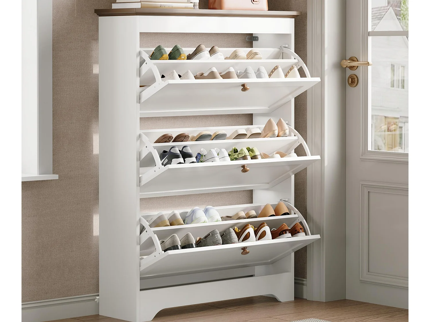 Moderner Schuhschrank 87x26x120 cm - 3 Klapptüren - runde Holzgriffe - MDF - weiß