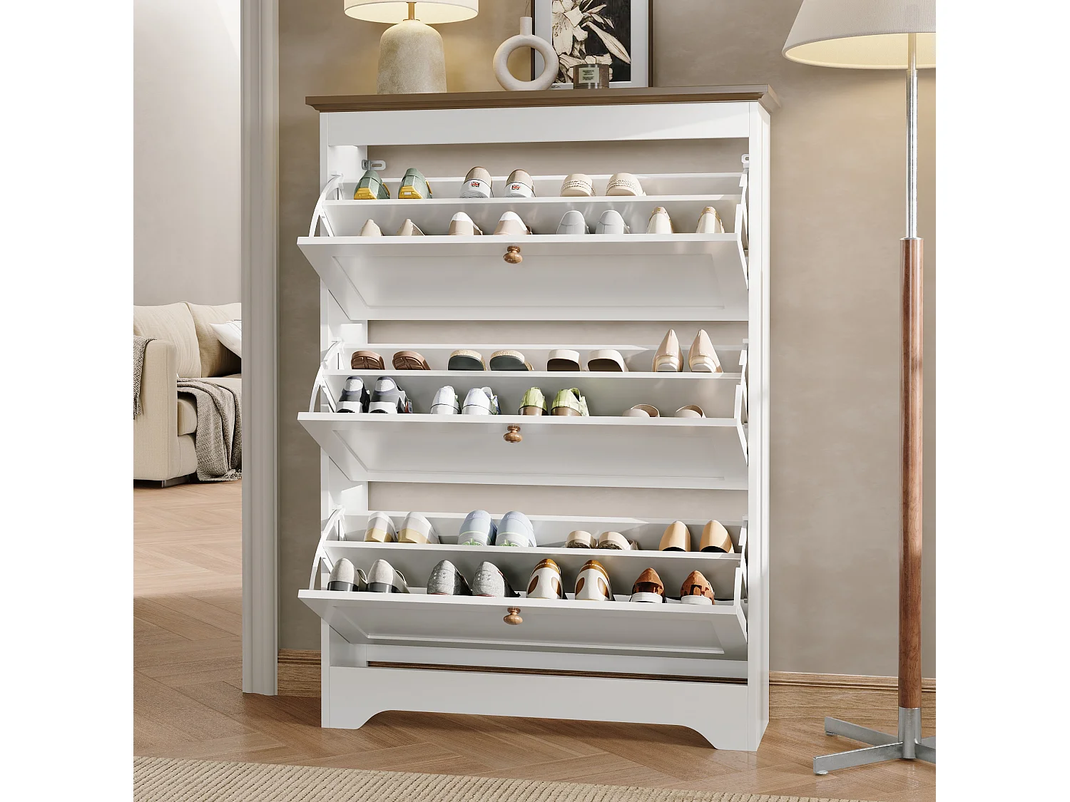 Moderner Schuhschrank 87x26x120 cm - 3 Klapptüren - runde Holzgriffe - MDF - weiß