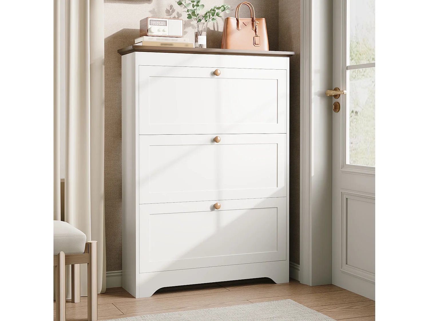 Moderner Schuhschrank 87x26x120 cm - 3 Klapptüren - runde Holzgriffe - MDF - weiß