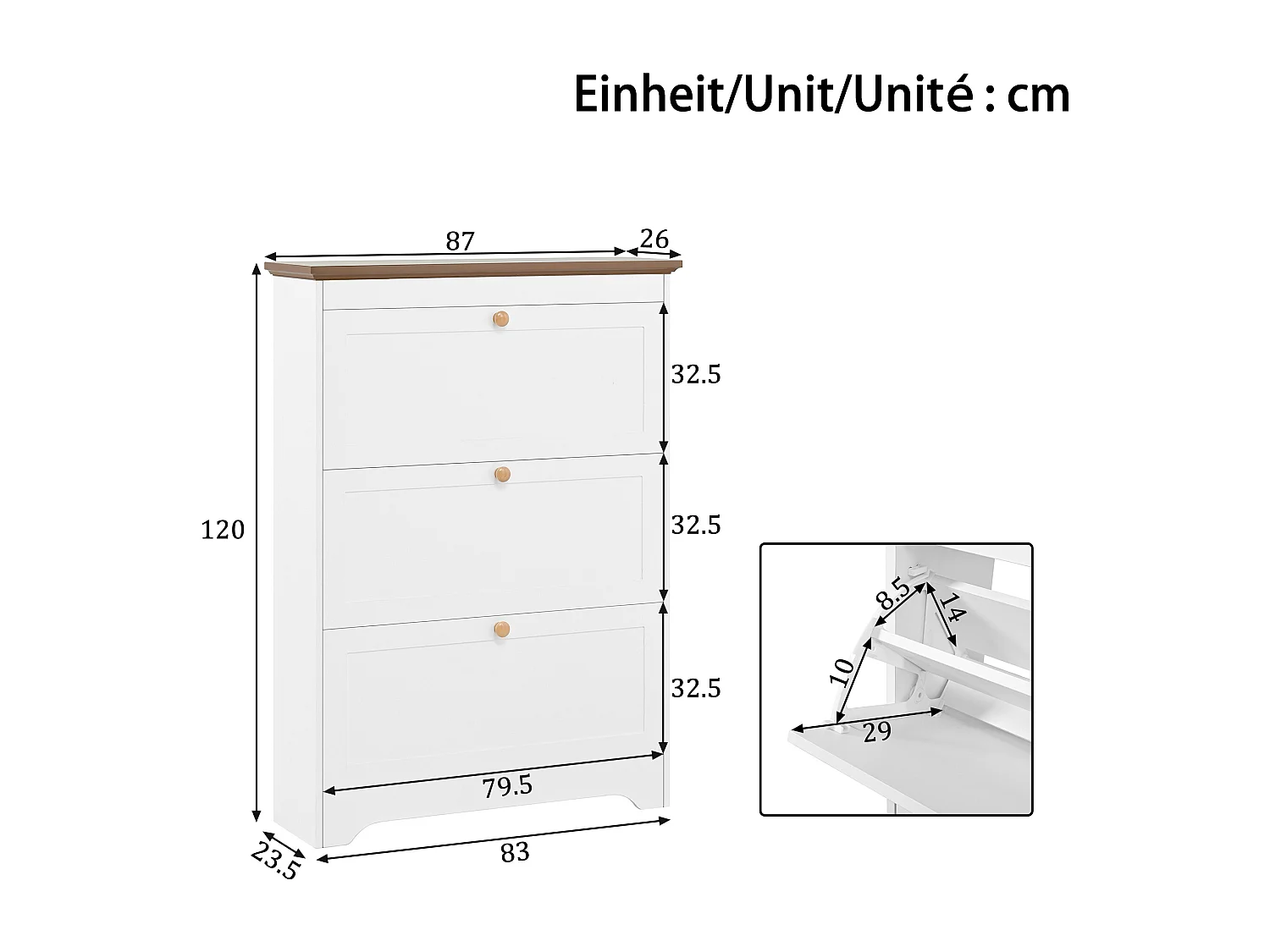 Moderner Schuhschrank 87x26x120 cm - 3 Klapptüren - runde Holzgriffe - MDF - weiß