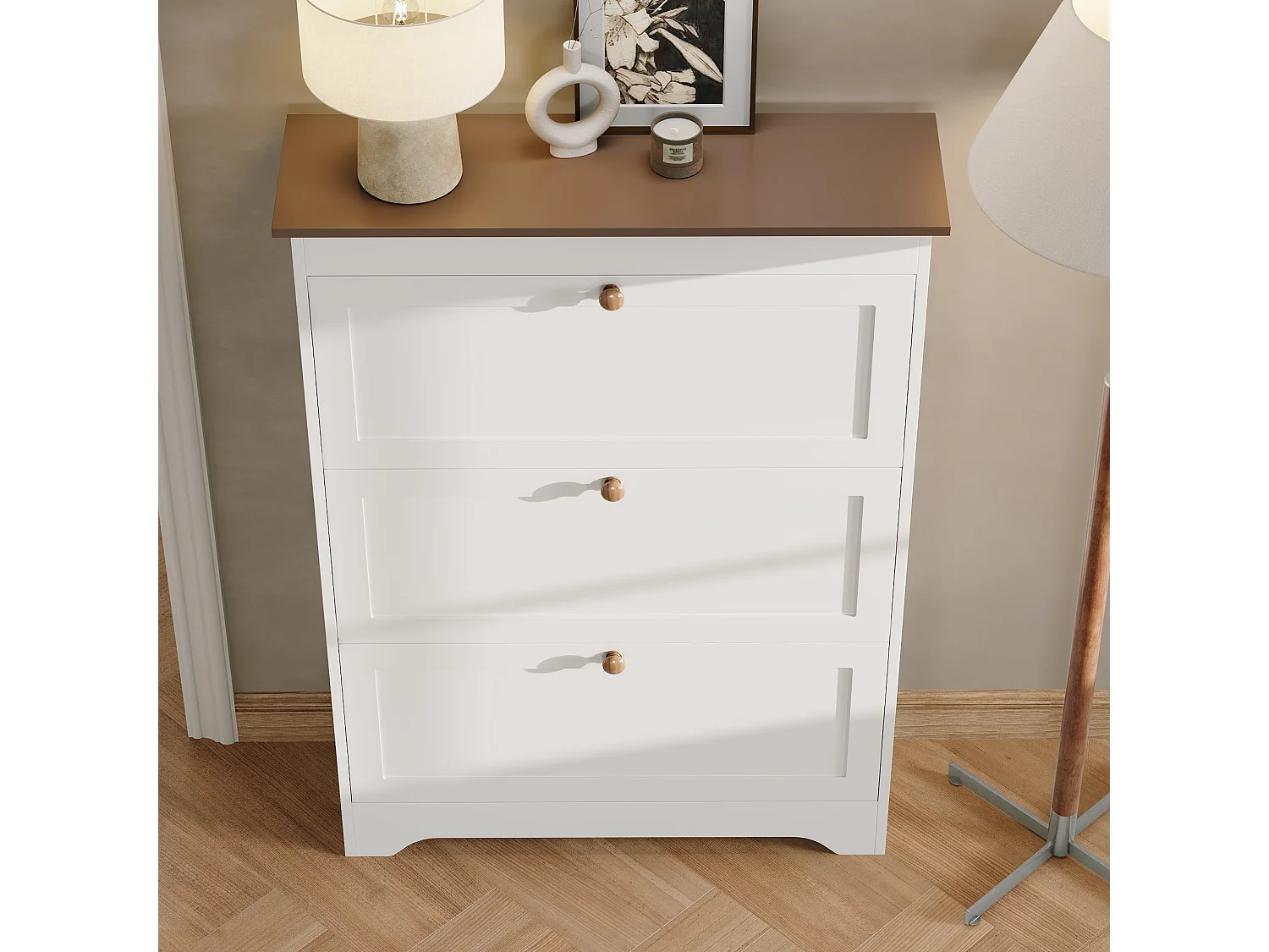 Moderner Schuhschrank 87x26x120 cm - 3 Klapptüren - runde Holzgriffe - MDF - weiß