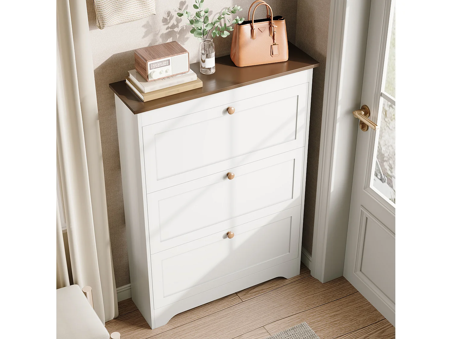 Moderner Schuhschrank 87x26x120 cm - 3 Klapptüren - runde Holzgriffe - MDF - weiß