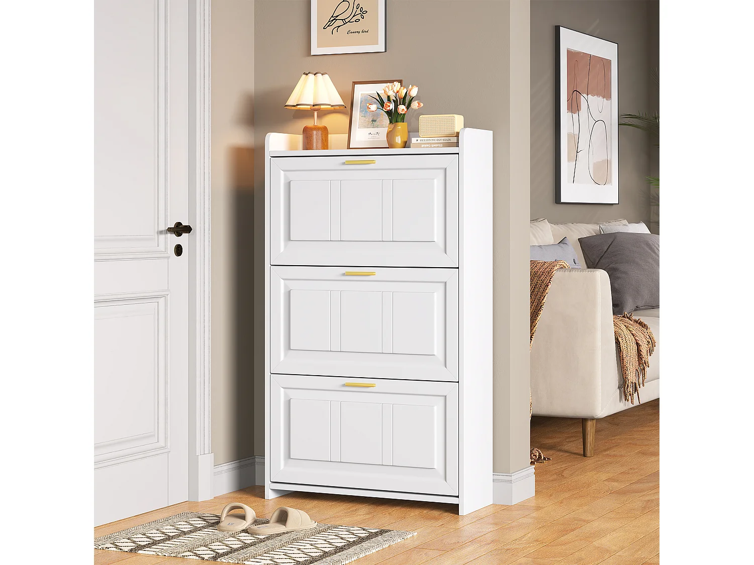 Schuhschrank 70x24x120 cm - 3 Klapptüren - 6 Fächer - MDF und Spanplatten - Weiß