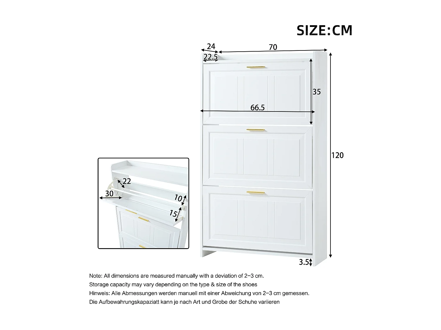 Schuhschrank 70x24x120 cm - 3 Klapptüren - 6 Fächer - MDF und Spanplatten - Weiß