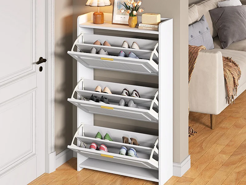 Schuhschrank 70x24x120 cm - 3 Klapptüren - 6 Fächer - MDF und Spanplatten - Weiß