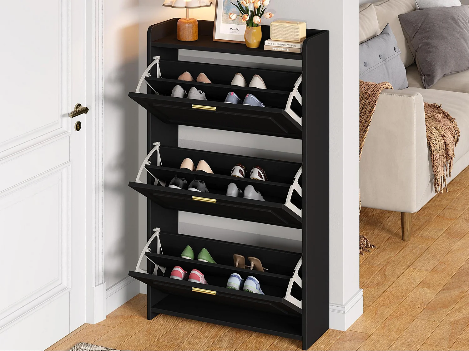 Schuhschrank 70x24x120 cm - 3 Klapptüren - 6 Fächer - MDF und Spanplatten - Schwarz