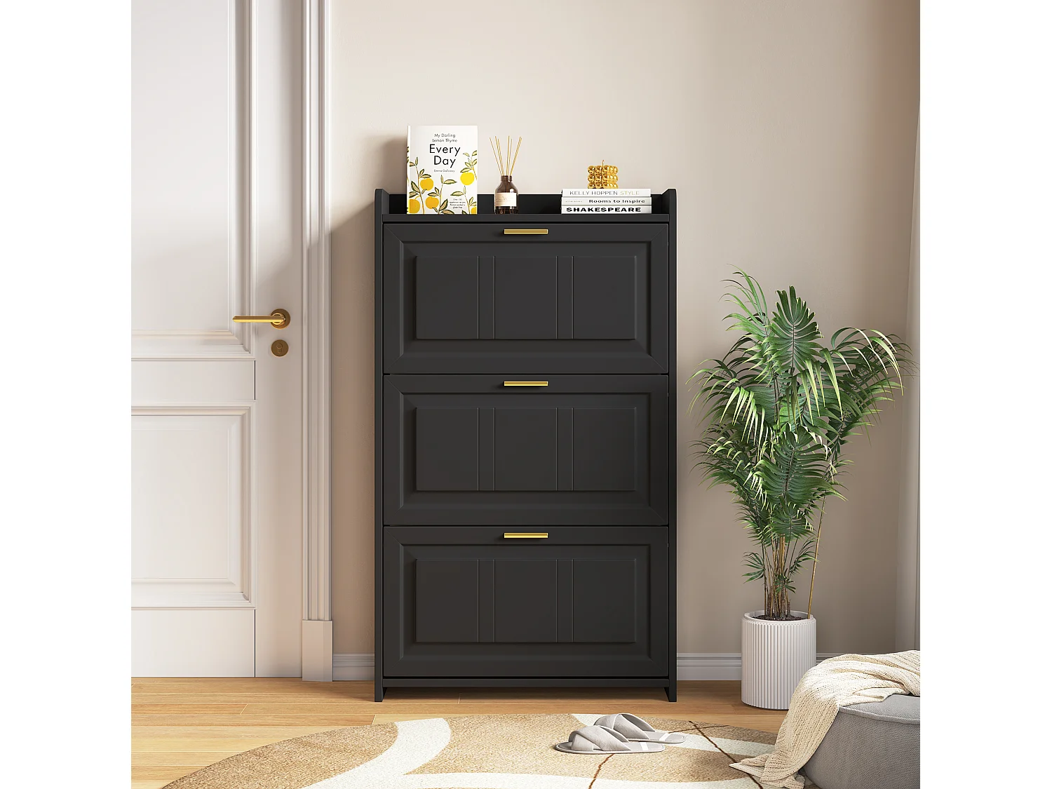 Schuhschrank 70x24x120 cm - 3 Klapptüren - 6 Fächer - MDF und Spanplatten - Schwarz