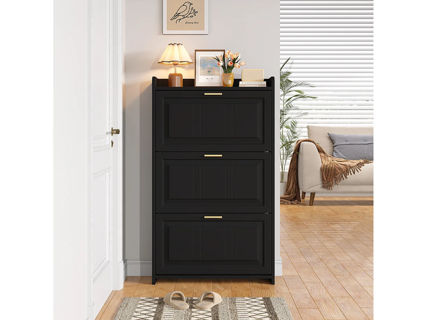 Schuhschrank 70x24x120 cm - 3 Klapptüren - 6 Fächer - MDF und Spanplatten - Schwarz