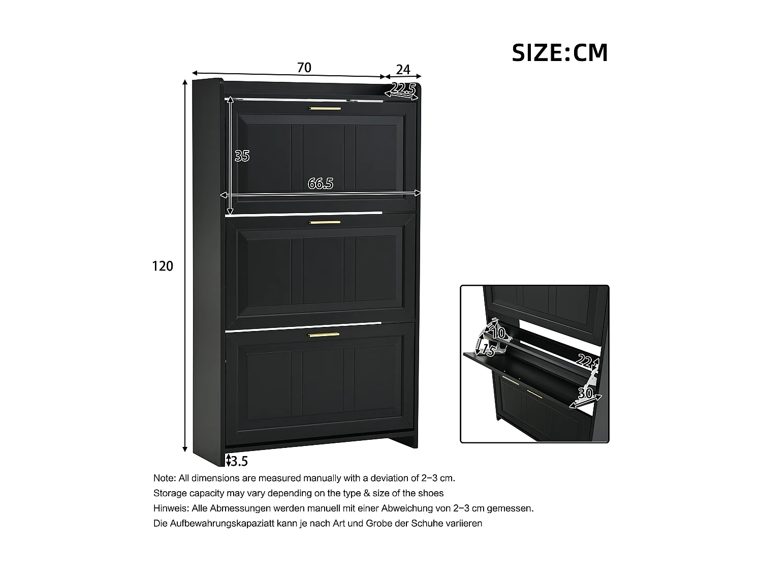 Schuhschrank 70x24x120 cm - 3 Klapptüren - 6 Fächer - MDF und Spanplatten - Schwarz