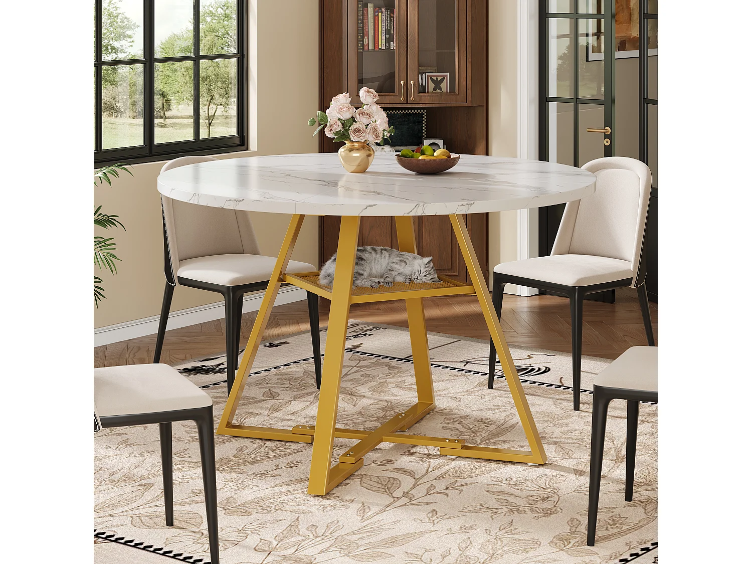 Table à manger ronde pour 4 personnes - 120x120x75cm - avec plateau en bois et pieds en métal - Motif marbre - Blanc