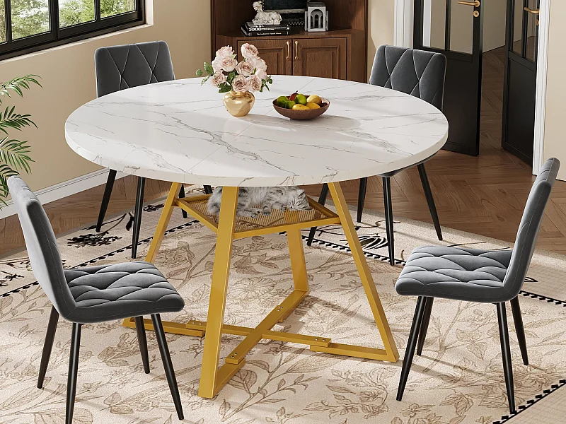 Table à manger ronde pour 4 personnes - 120x120x75cm - avec plateau en bois et pieds en métal - Motif marbre - Blanc