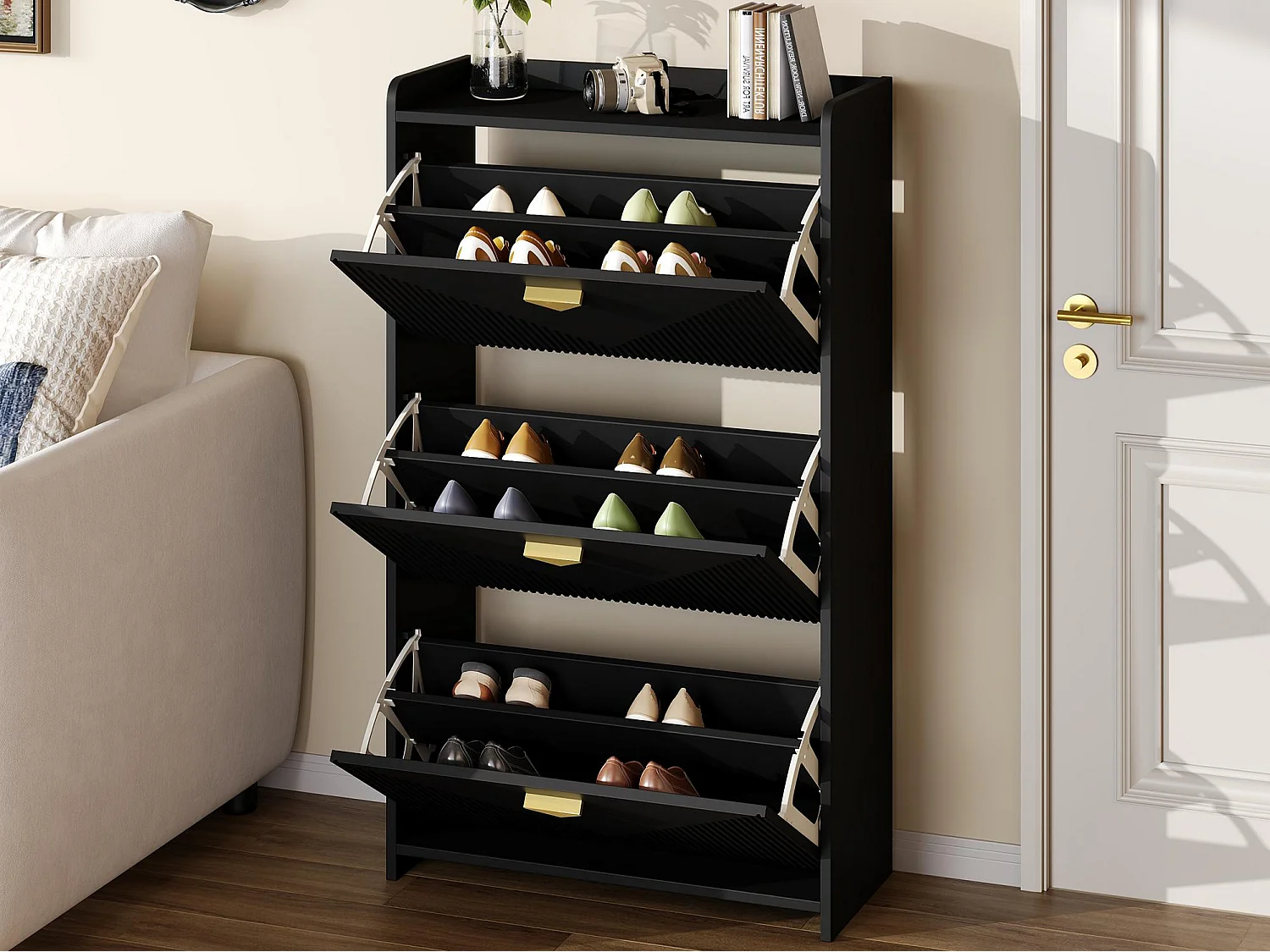 Schuhschrank 70x30x120 cm - 3 Klapptüren - 6 Staufächer - MDF - Schwarz