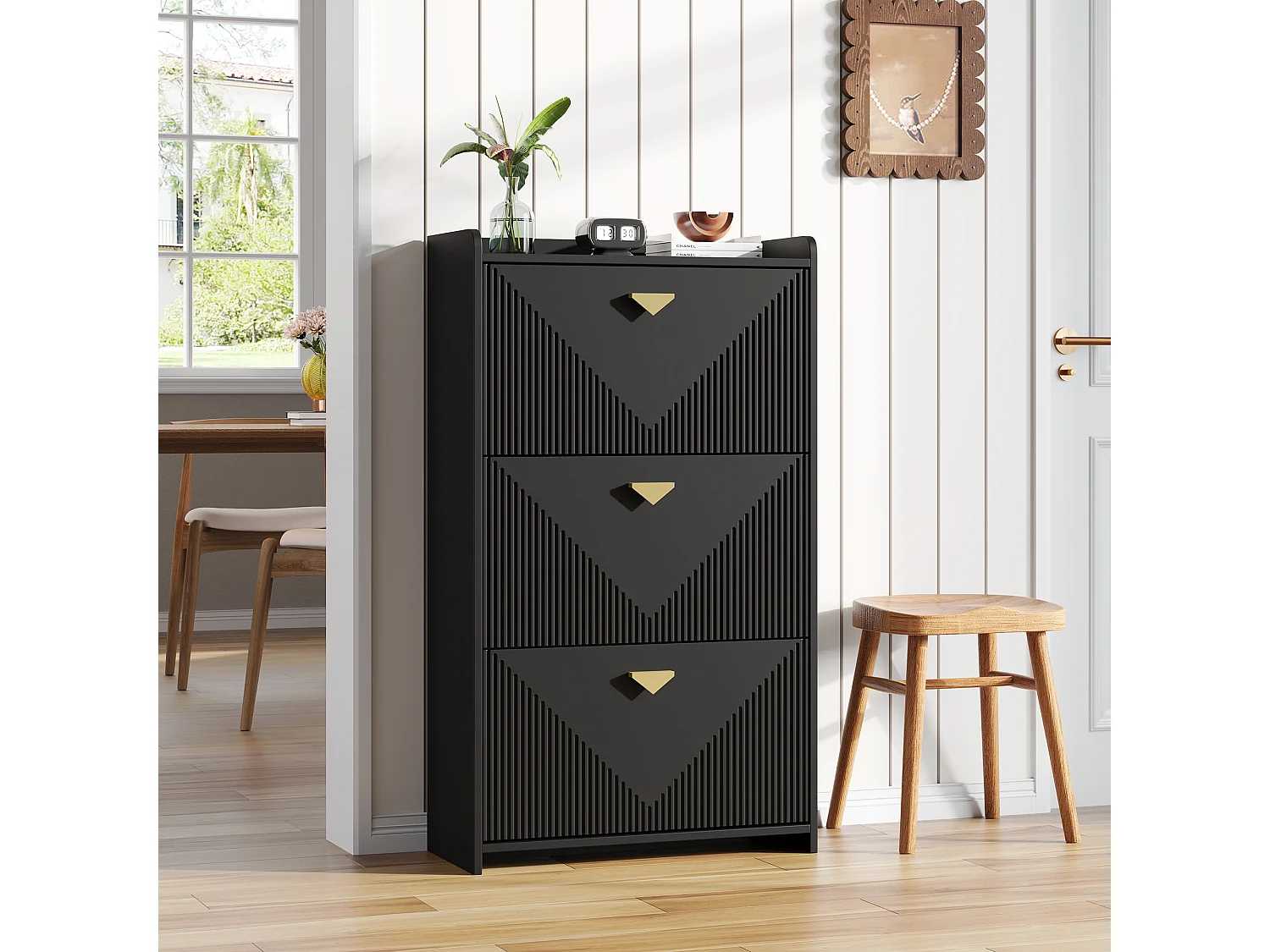 Schuhschrank 70x30x120 cm - 3 Klapptüren - 6 Staufächer - MDF - Schwarz