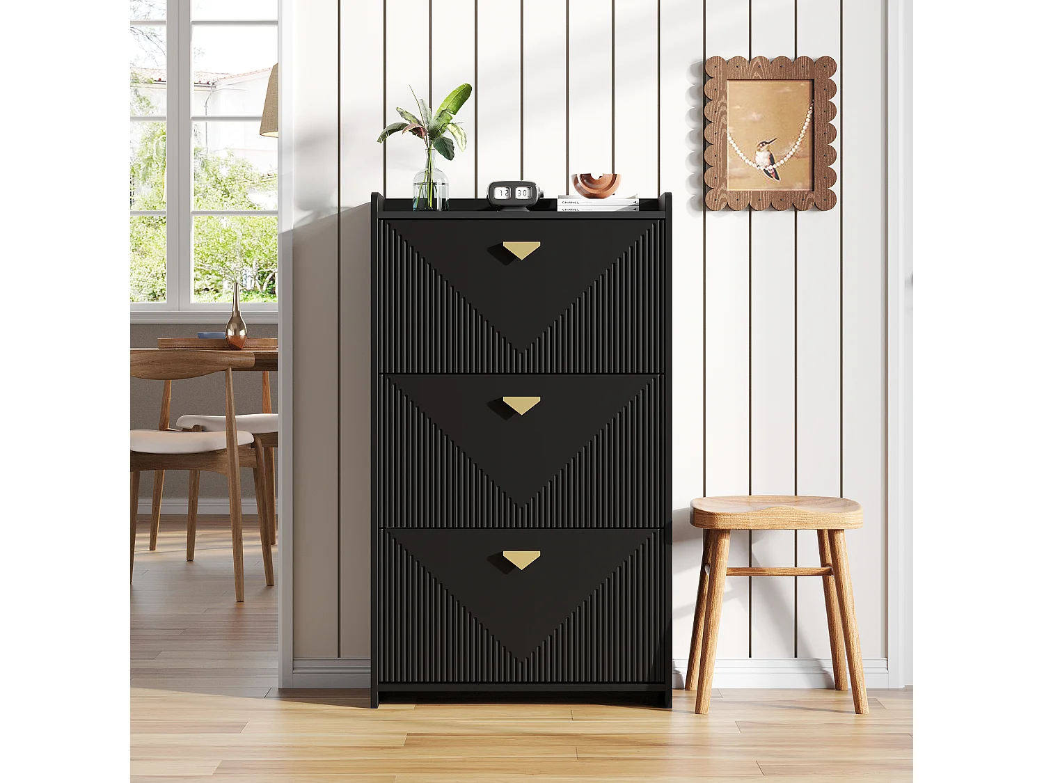 Schuhschrank 70x30x120 cm - 3 Klapptüren - 6 Staufächer - MDF - Schwarz