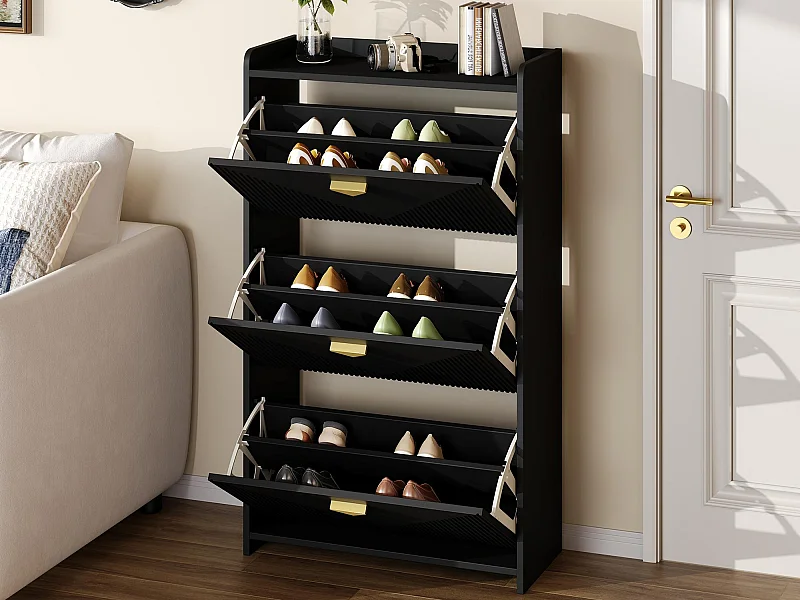 Schuhschrank 70x30x120 cm - 3 Klapptüren - 6 Staufächer - MDF - Schwarz