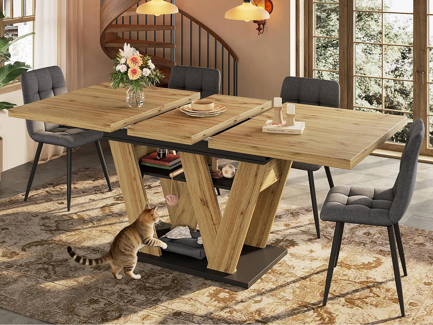 Table à manger extensible 119/158.5x80x75 cm - Pour 6 personnes - Pieds de table en forme de W - MDF + métal - Naturel