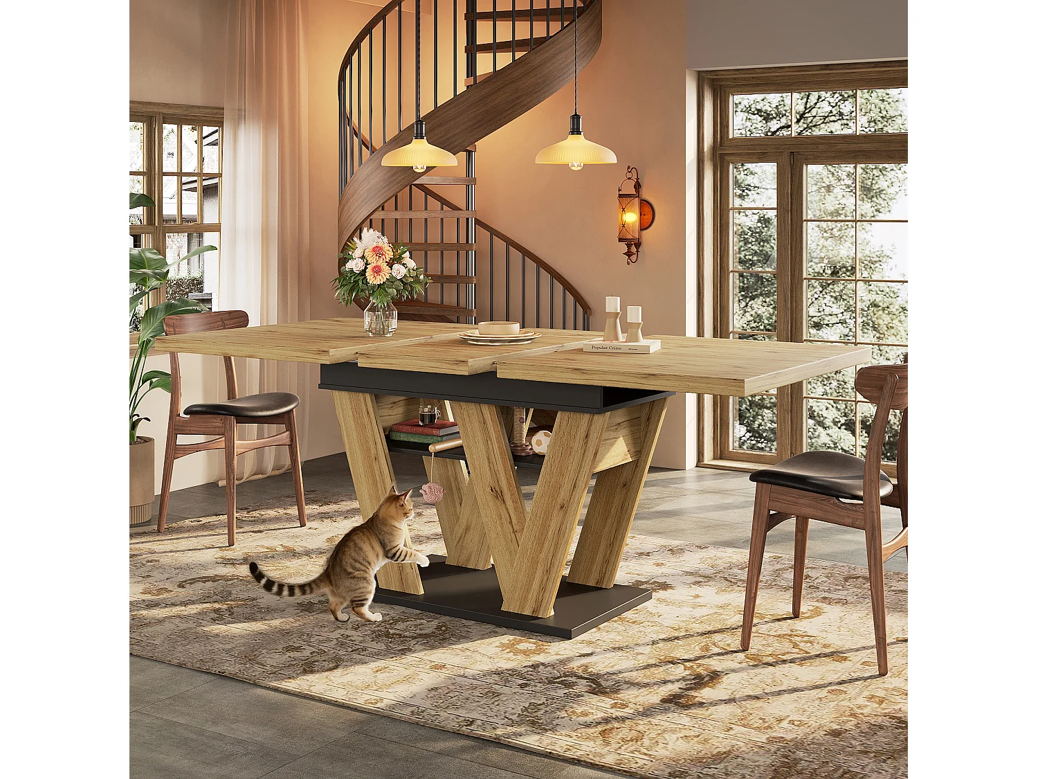 Table à manger extensible 119/158.5x80x75 cm - Pour 6 personnes - Pieds de table en forme de W - MDF + métal - Naturel