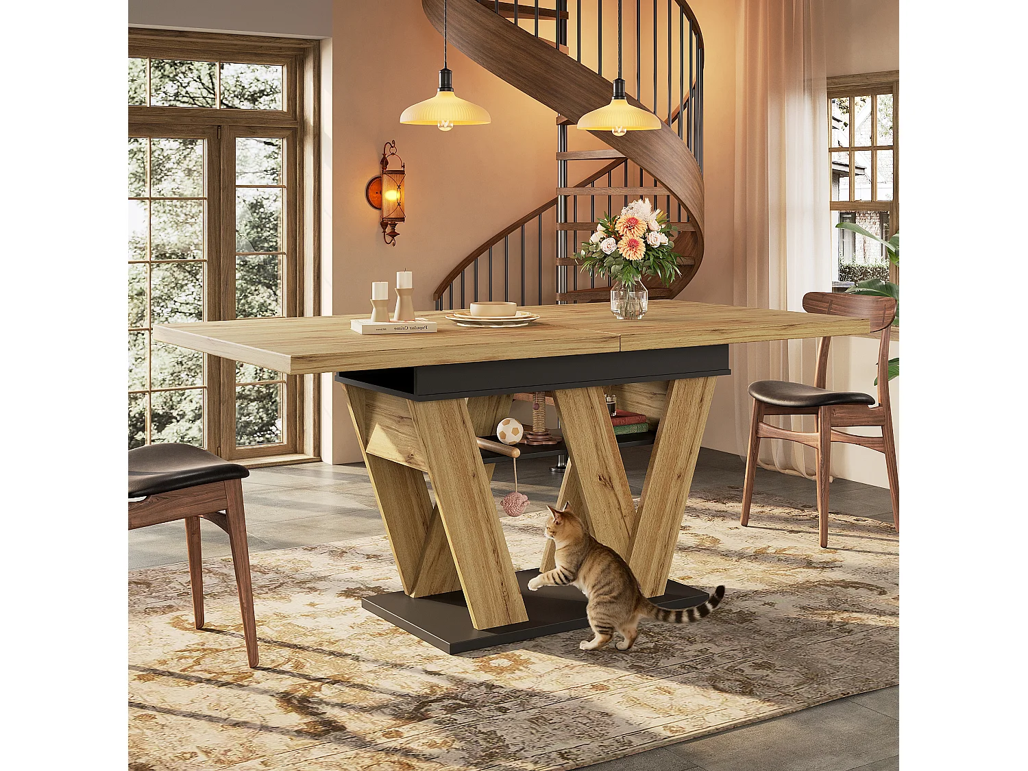 Table à manger extensible 119/158.5x80x75 cm - Pour 6 personnes - Pieds de table en forme de W - MDF + métal - Naturel