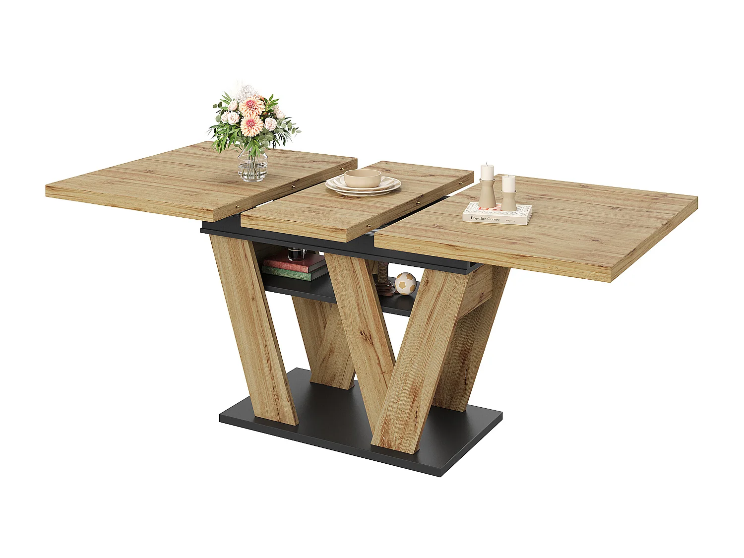 Table à manger extensible 119/158.5x80x75 cm - Pour 6 personnes - Pieds de table en forme de W - MDF + métal - Naturel