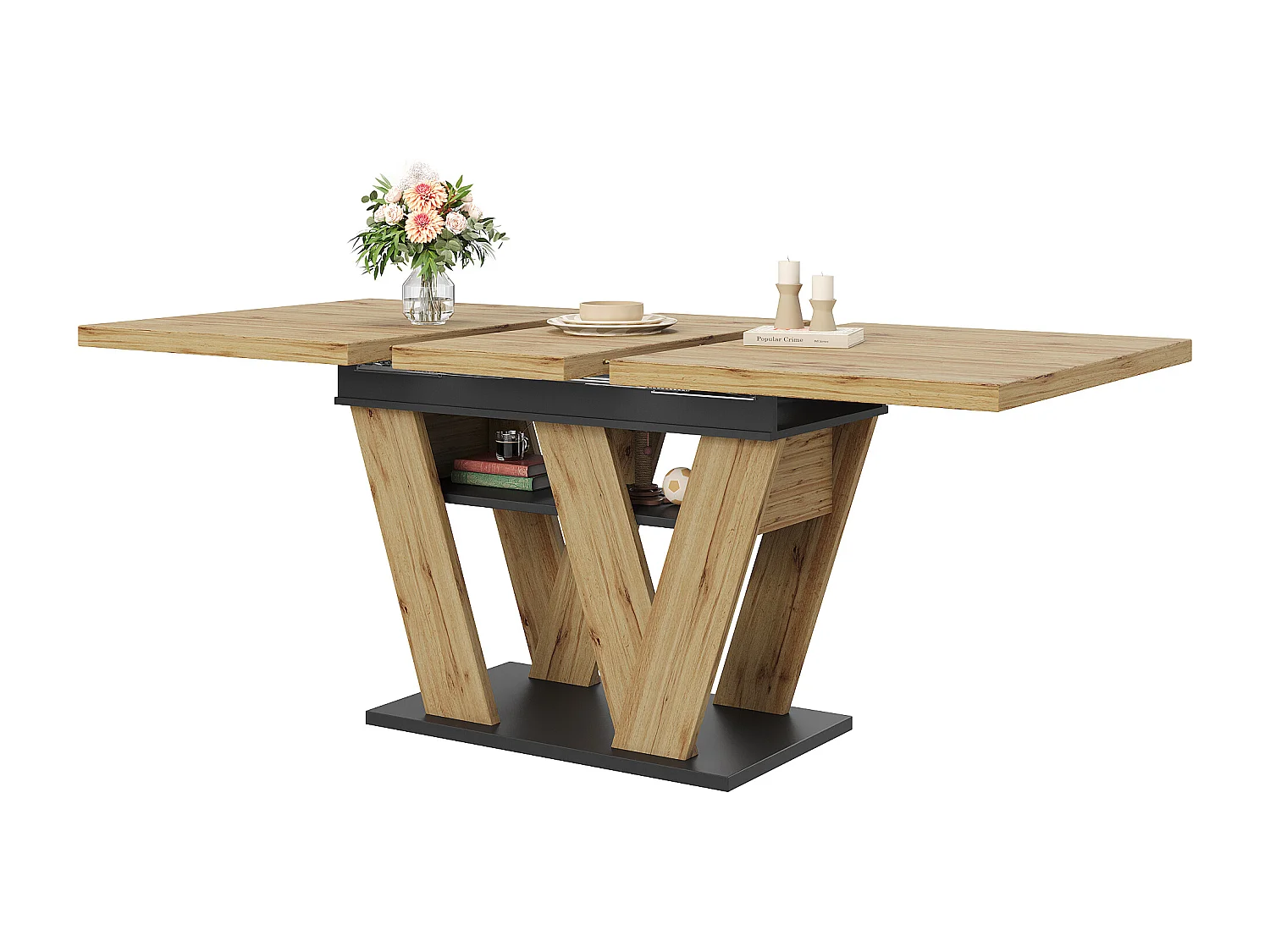 Table à manger extensible 119/158.5x80x75 cm - Pour 6 personnes - Pieds de table en forme de W - MDF + métal - Naturel