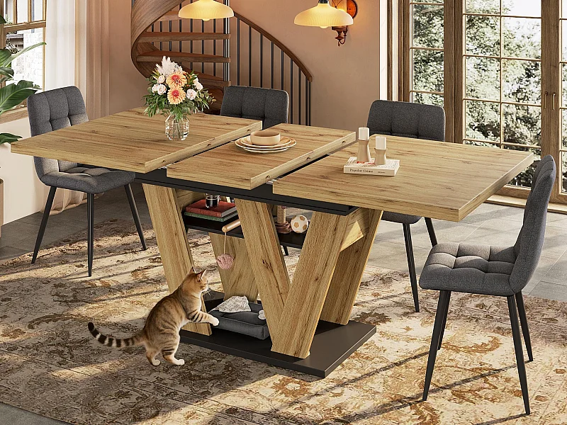 Table à manger extensible 119/158.5x80x75 cm - Pour 6 personnes - Pieds de table en forme de W - MDF + métal - Naturel