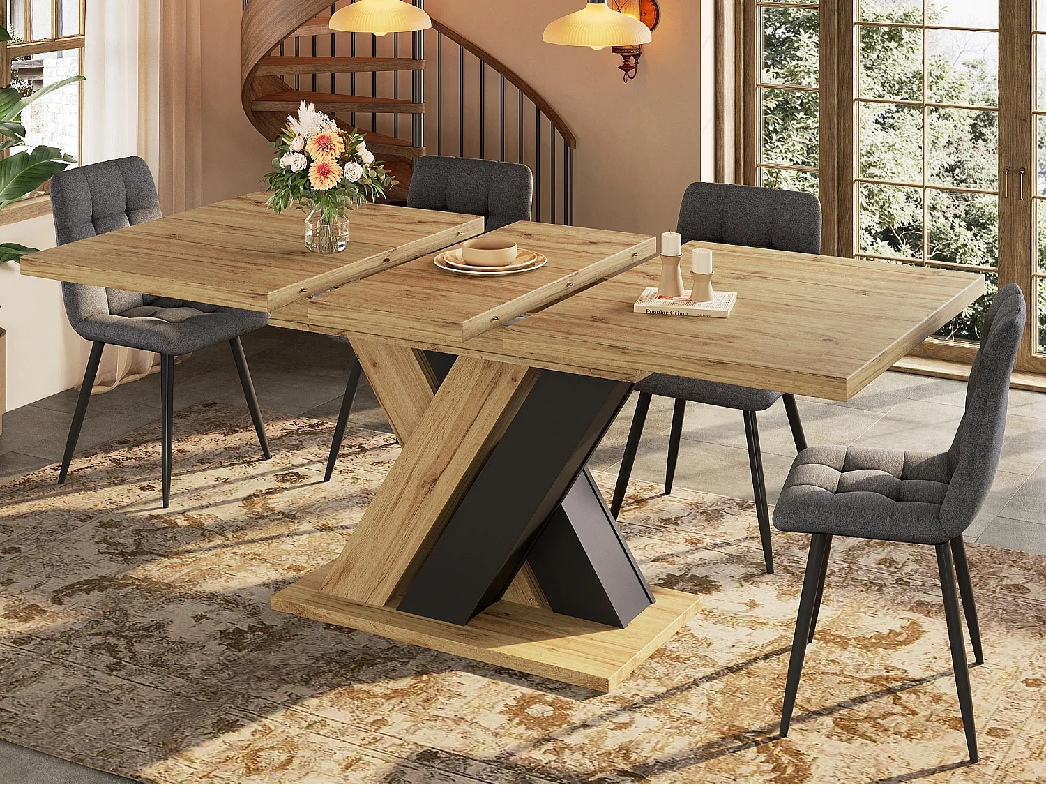 Table à manger extensible 119/158.5x80x75 cm - Pour 6 personnes - Pieds de table en forme de X - MDF + métal - Naturel