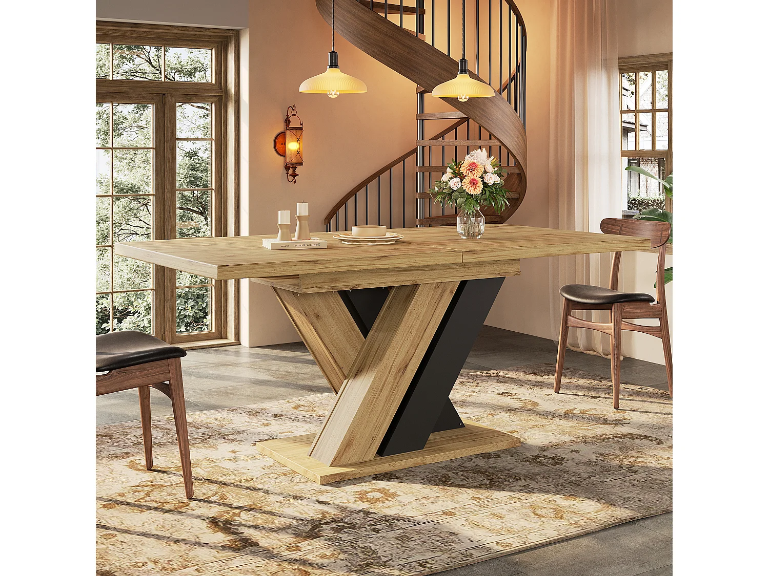 Table à manger extensible 119/158.5x80x75 cm - Pour 6 personnes - Pieds de table en forme de X - MDF + métal - Naturel