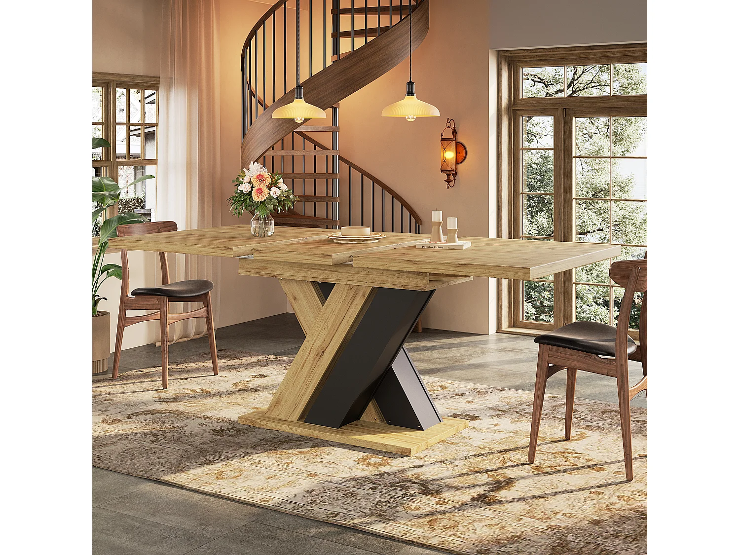 Table à manger extensible 119/158.5x80x75 cm - Pour 6 personnes - Pieds de table en forme de X - MDF + métal - Naturel