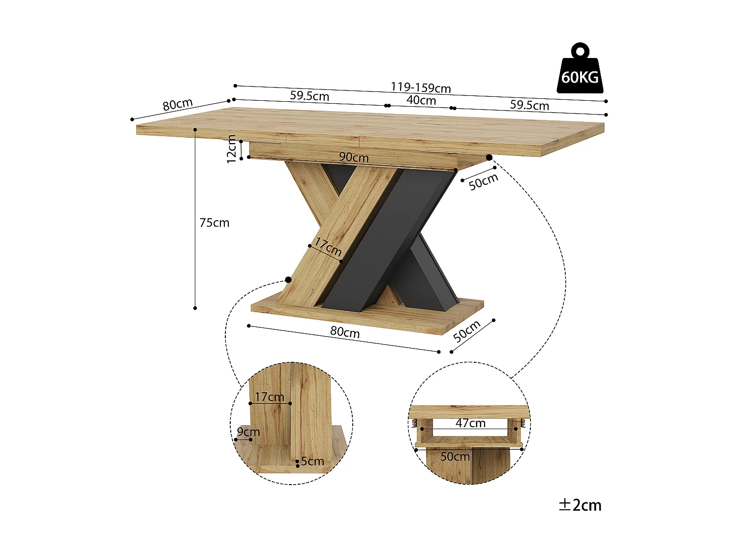 Table à manger extensible 119/158.5x80x75 cm - Pour 6 personnes - Pieds de table en forme de X - MDF + métal - Naturel